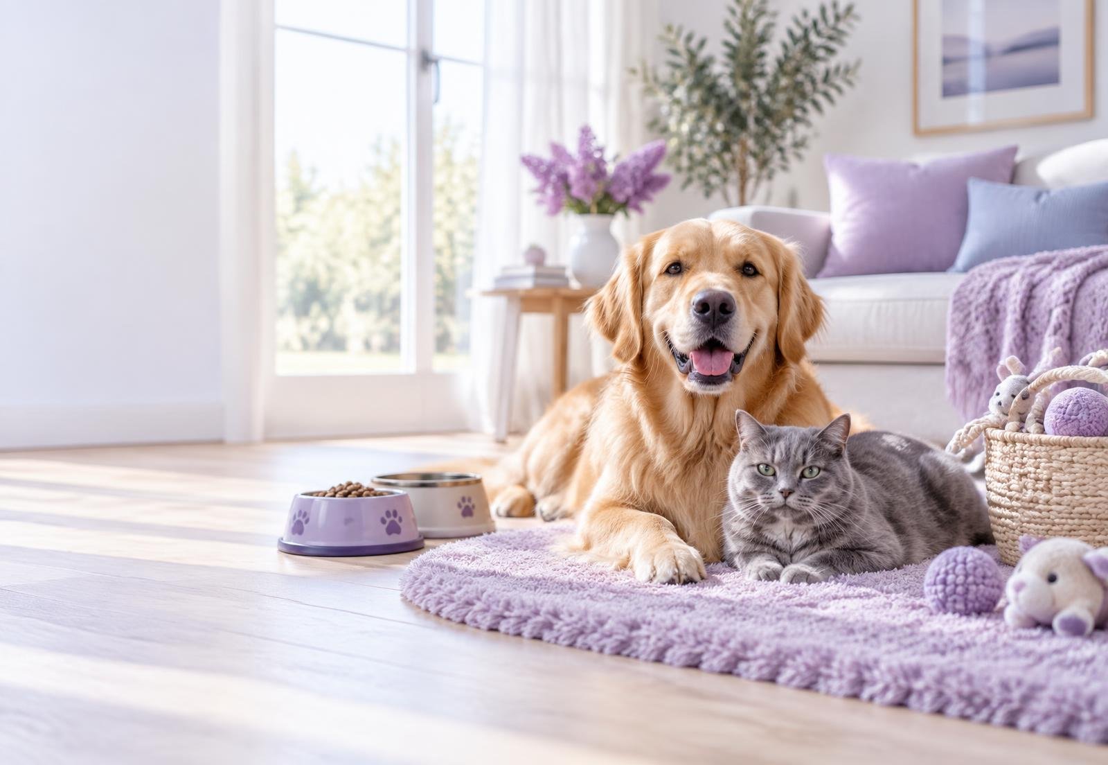 Dog and cat enjoying a calm home with pet essentials
